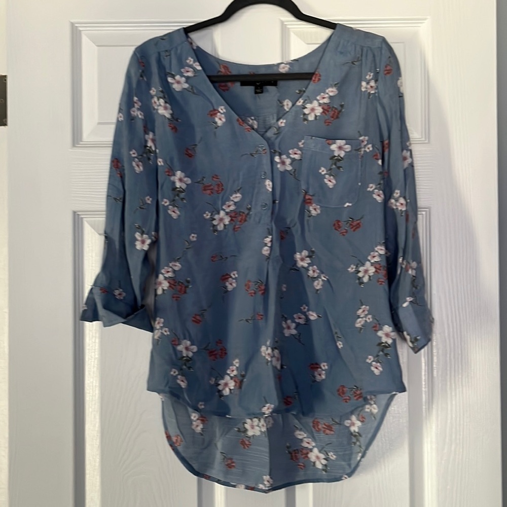 Floral Dusty Blue Blouse, Half Sleeve